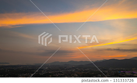 Aerial view of Illuminated Hilltop Pavilion at twilight 131333726