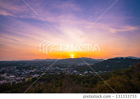 Aerial view of Sunset Over Mountain Town Aerial view of Sunset Over Mountain Town 131333733