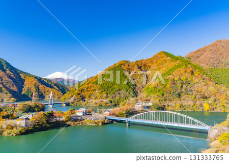 [Kanagawa Prefecture] Lake Tanzawa, autumn leaves on the lakeside, distant view of Mt. Fuji 131333765