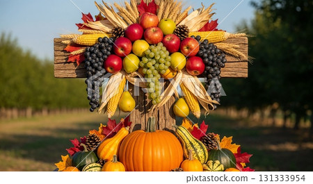A harvest cross decorated with fruits, vegetables, and wheat. 131333954