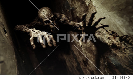 Ghastly figure reaching out from a dark crevice. 131334380
