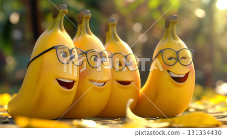 Gleeful bananas with glasses in golden light. Gleeful bananas with glasses in golden light. 131334430