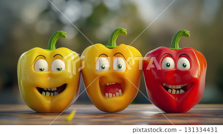 Colorful bell pepper trio sharing a joke. 131334431