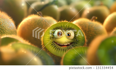 Kiwi character smiling amongst its fuzzy peers. Kiwi character smiling amongst its fuzzy peers. 131334454