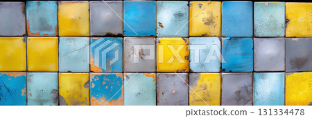 Colorful, weathered tiles in blues and yellows. 131334478