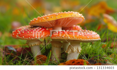Red Amanita mushrooms in the forest. Red Amanita mushrooms in the forest. 131334603