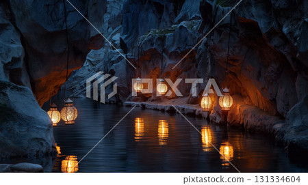 Lanterns glowing over tranquil waters. Lanterns glowing over tranquil waters. 131334604