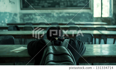 Despondent student alone in classroom. 131334714