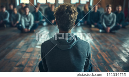 Man leading a group meditation indoors. 131334735