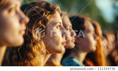 Profiles of attentive people at event. 131334736
