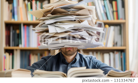 Man overwhelmed by a stack of papers. 131334767