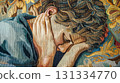 Woven depiction of a resting young man. 131334770
