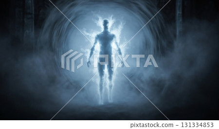A glowing silhouette walking toward light in a mysterious tunnel, suggesting afterlife or rebirth. 131334853