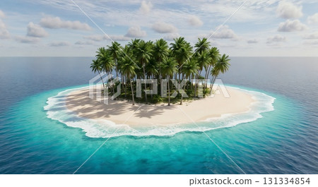 A small tropical island with palm trees surrounded by clear turquoise waters. 131334854
