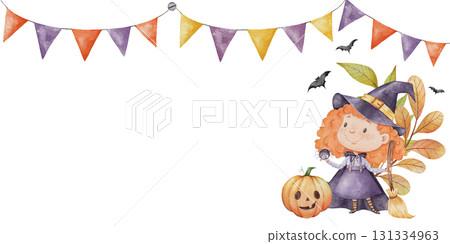 Watercolor halloween frame with a cute little witch holding a broom, festive bunting on top, pumpkin and autumn leaves beside her, bats flying around, isolated on white background, perfect for 131334963