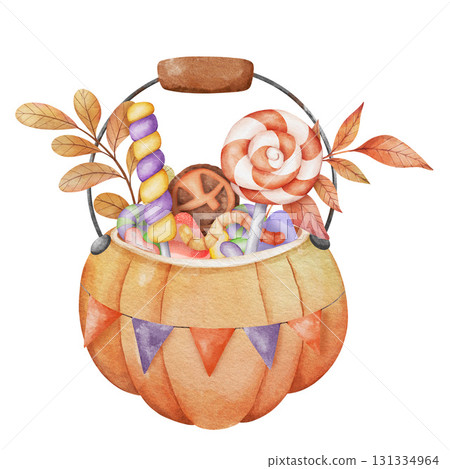 Watercolor halloween bucket shaped like a pumpkin, decorated with festive bunting and filled with assorted candies and autumn leaves, isolated on white background, perfect for seasonal design and 131334964