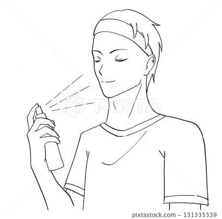 Black and white illustration of a man spraying lotion mist on his face Black and white illustration of a man spraying lotion mist on his face 131335339