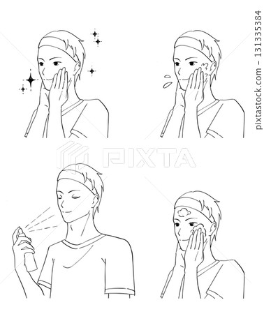Black and white illustration set of a man spraying lotion mist on his face Black and white illustration set of a man spraying lotion mist on his face 131335384