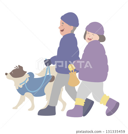 Dog walking winter couple Dog walking winter couple 131335459