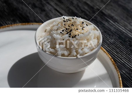 A plate of boiled rice in a cafe. A plate of boiled rice in a cafe. 131335466