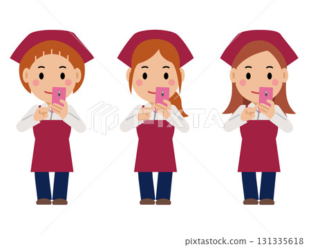 A woman in a crimson apron and a headscarf using her smartphone. Part 2 A woman in a crimson apron and a headscarf using her smartphone. Part 2 131335618
