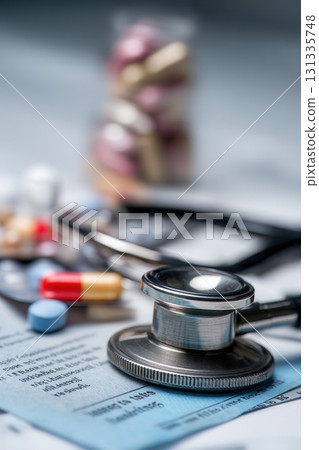 Stethoscope surrounded by various capsules and tablets placed on a blue medical form. Perfect for 131335748