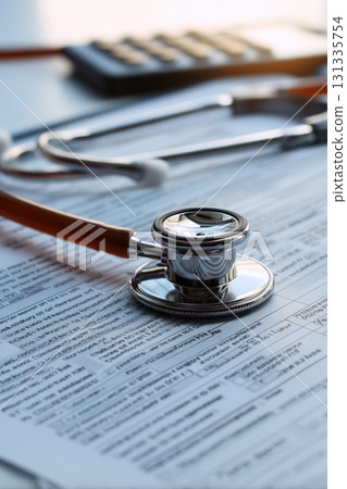 Stethoscope placed on medical paperwork with a calculator in the background, lit by soft daylight 131335754