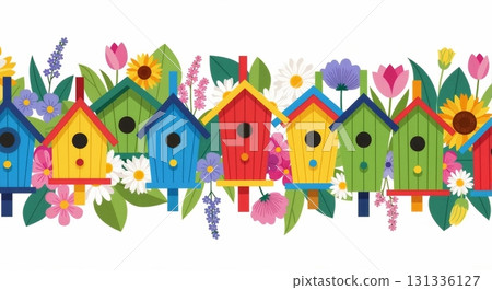 Colorful birdhouses and spring flowers border on white background. Seamless garden nature pattern with copy space 131336127