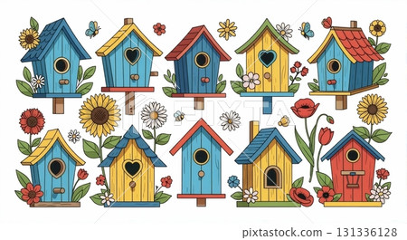 A colorful collection of cute cartoon birdhouses with spring flowers. Garden and nature illustration set isolated on a white background 131336128
