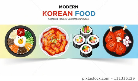 A collection of modern Korean food illustrations. Popular dishes including bibimbap, tteokbokki, kimbap, and fried chicken. Vector banner for an Asian cuisine menu 131336129