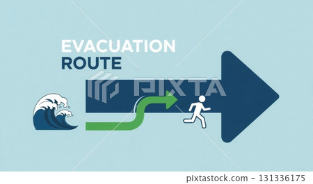 Tsunami evacuation route sign illustration. Icon of a person running from a wave following an arrow for safety. Emergency preparedness and disaster response concept 131336175