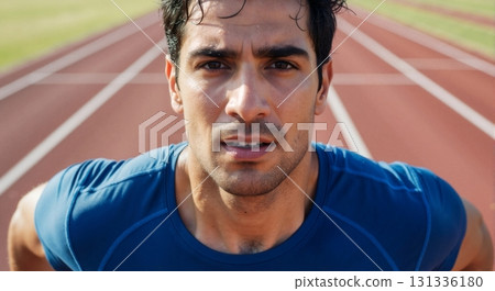 Intense close-up portrait of a determined male athlete on a running track. Focused man sweating during a workout. Sports, fitness, and motivation concept 131336180