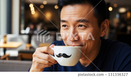 Happy middle-aged Asian man enjoying a cup of coffee in a cafe. A smiling man holds a mug with a mustache design while relaxing in a modern coffee shop 131336327