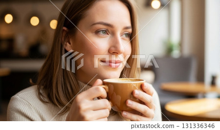 Young woman smiling while relaxing with a cup of coffee in a cafe. Portrait of a happy person enjoying a warm beverage. Morning lifestyle concept 131336346