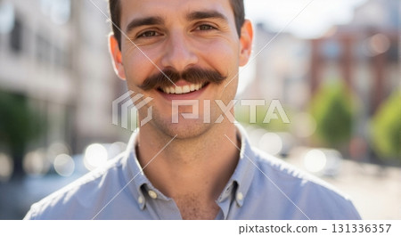Close-up portrait of a happy young man with a large handlebar mustache. Confident handsome hipster smiling at the camera in an urban city setting 131336357