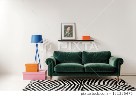 Modern green velvet sofa, blue lamp, colorful boxes, zebra rug. AI generated 131336475