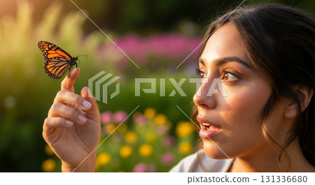 A young woman looks in wonder at a monarch butterfly on her finger. Gentle human interaction with wildlife in a sunlit garden. Connection with nature concept A young woman looks in wonder at a monarch butterfly on her finger. Gentle human interaction with wildlife in a sunlit garden. Connection with nature concept 131336680