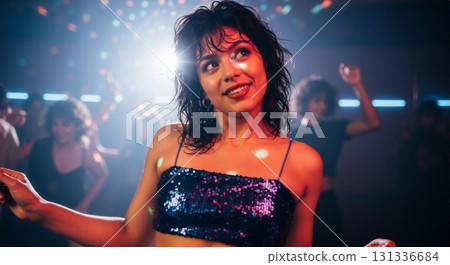 Young woman smiling and dancing at a party. Enjoying the music in a nightclub with disco lights. Youth culture and nightlife celebration 131336684