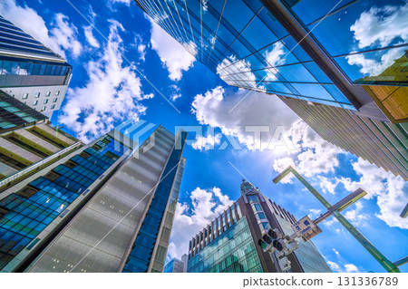 Tokyo cityscape in Japan, with views of Kyobashi intersection and Daiichi Life Kyobashi Kino Terrace 131336789