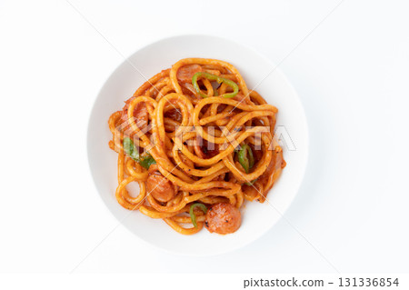 Delicious Neapolitan spaghetti on a plate on a white background Delicious Neapolitan spaghetti on a plate on a white background 131336854