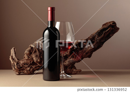 Bottle and glass of red wine with old weathered snag on a beige background. Bottle and glass of red wine with old weathered snag on a beige background. 131336952
