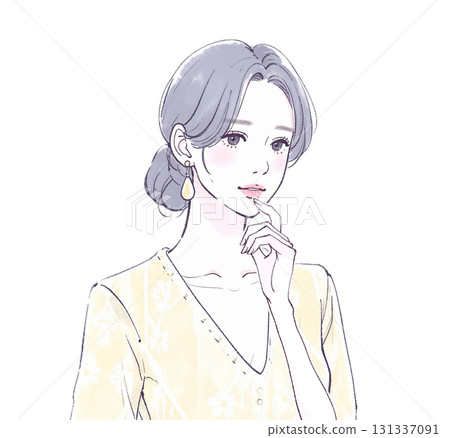 Watercolor and hand-drawn illustration of a woman/girl worried, thinking, depressed 131337091