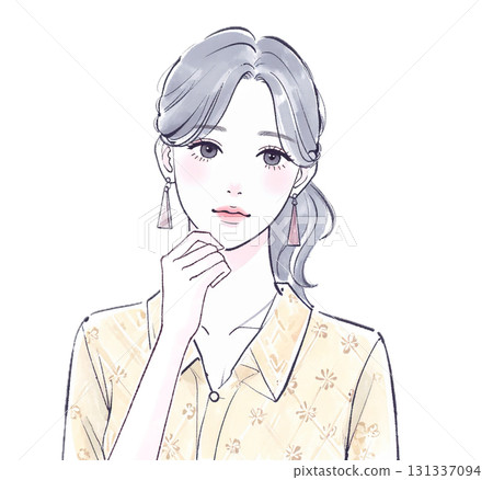 Watercolor and hand-drawn illustration of a woman/girl worried, thinking, depressed 131337094