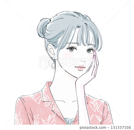 水彩和手繪插圖描繪了一位憂心忡忡、思考、沮喪的女人/女孩 131337108