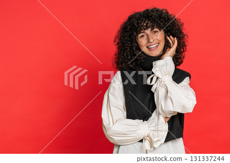 Happy Caucasian young woman smiling looking at camera dreaming, resting, good news feel satisfied 131337244