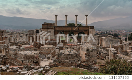 Basilica of St. John ruins, a significant historical landmark in Selcuk, Turkey, with mountains and town 131337363