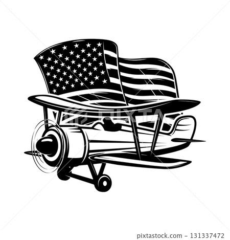 Retro airplane with american flag. Design element for poster, card, banner, sign. Vector illustration 131337472