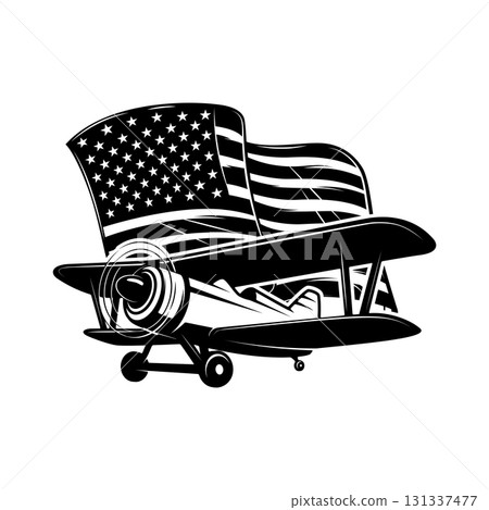 Retro airplane with american flag. Design element for poster, card, banner, sign. Vector illustration 131337477