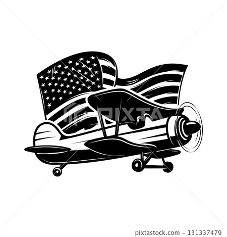 Retro airplane with american flag. Design element for poster, card, banner, sign. Vector illustration 131337479
