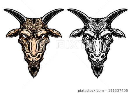 Illustration of goat in monochrome and color styles. Design element for t shirt, emblem, badge. Vector illustration 131337496